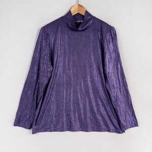 Chicos Top Shirt Size 2 US Large Purple Metallic Stretch Knit Mock Neck